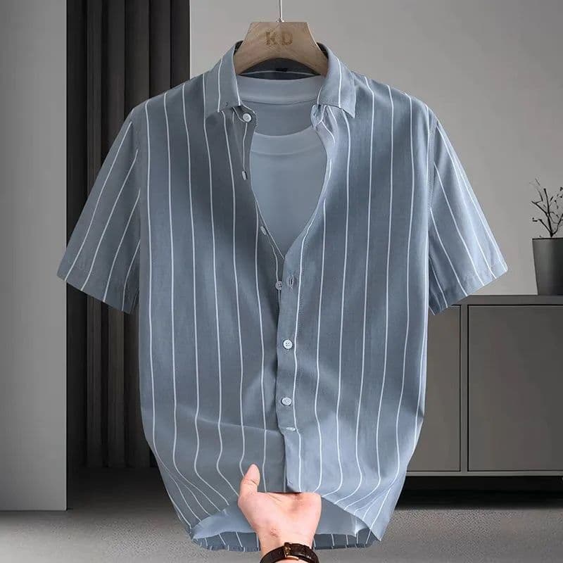 Camisa listrada masculina versão coreana manga curta verão estilo fino bonito juventude camisa Casual roupas masculinas
