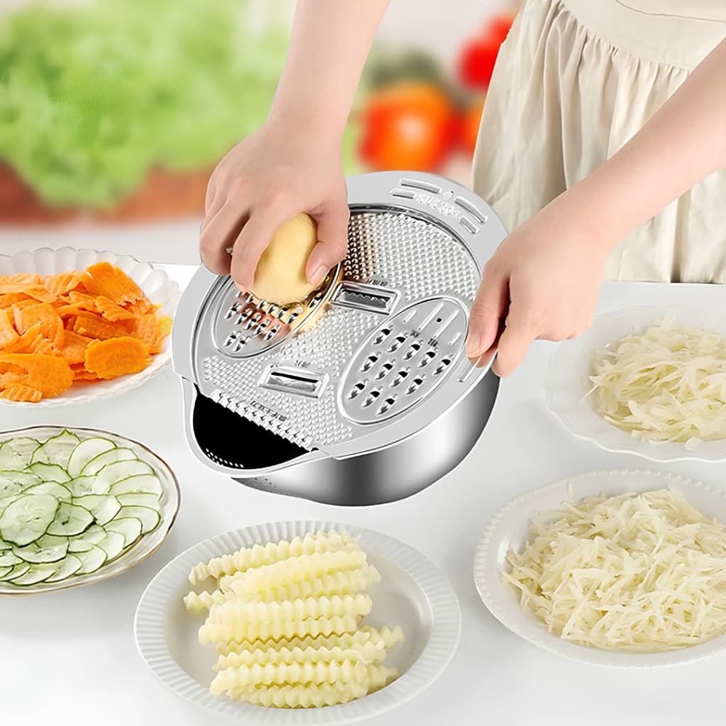 Conjunto Bacia Ralador Inox Multiuso 4 em 1 Escorredor Arroz Cortar Legumes Frutas Cozinha