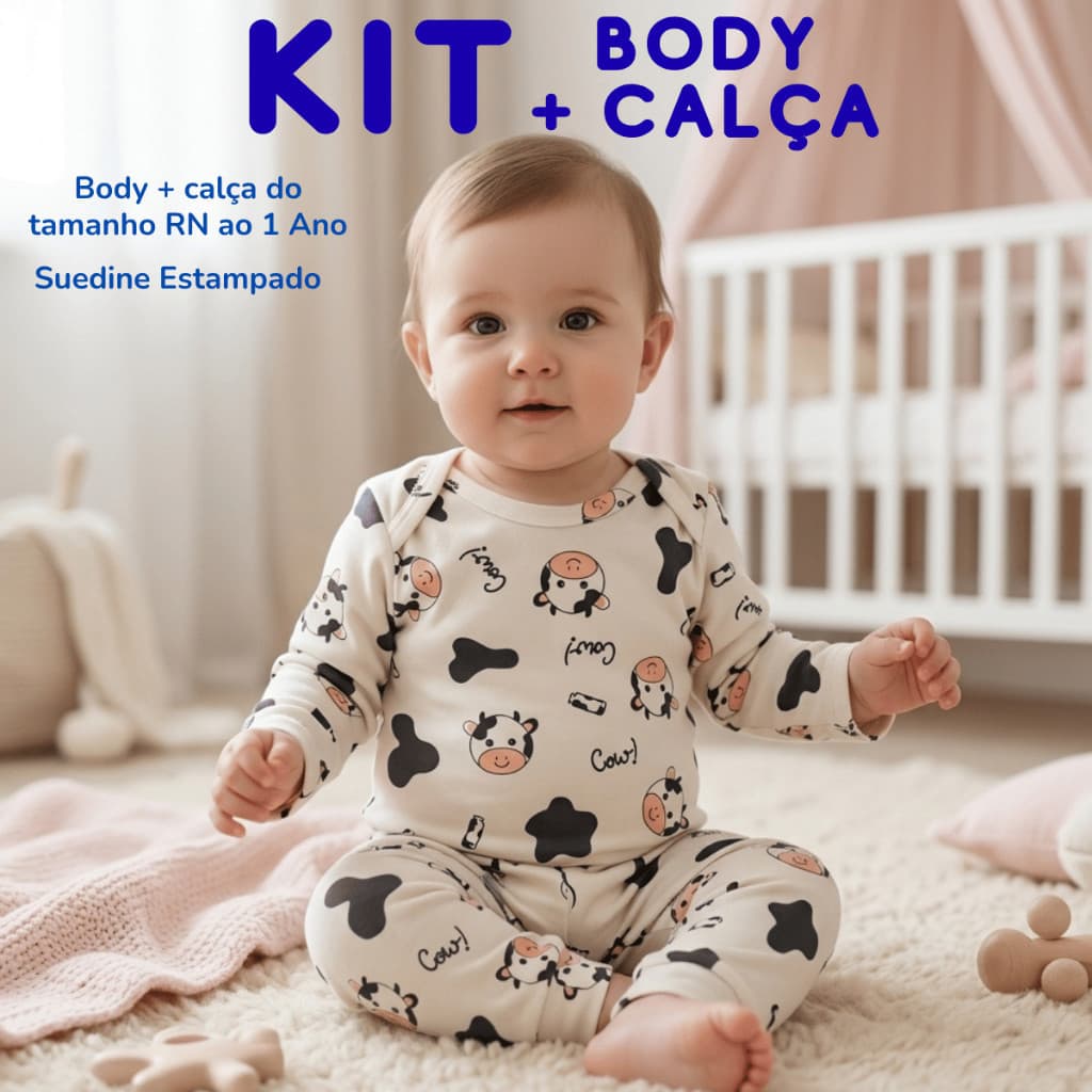 Conjunto Bebê Body Manga Longa + Calça Estampado Enxoval 100% Algodão Maternidade RN ao Tamanho 1