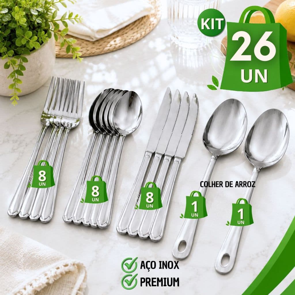 Kit Cozinha Talheres Aço Inox Garfo Faca Colher + Colher de Arroz Uso Diário