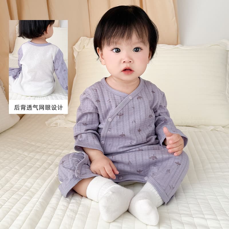 Camisola do bebê puro algodão verão estilo fino dupla camada proteção da barriga macacão de manga comprida malha do bebê