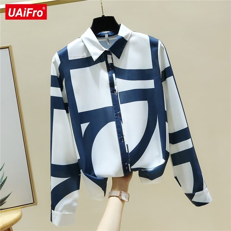Camisa feminina manga longa 2026 primavera outono novo estilo versão coreana feminina lapela solta impressa Chiffon cami