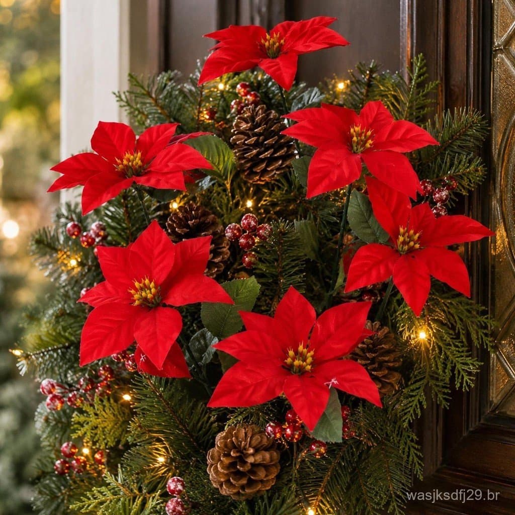 Natal Vermelho Poinsétia Buquê Floral Picaretas Resistente À Água Não Desbotamento Pétalas De Veludo Brilhante Enchiment