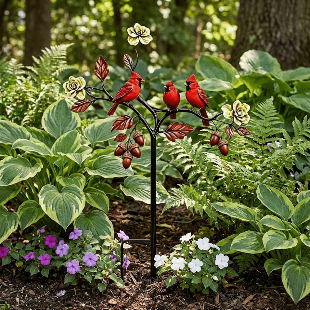 NEDFS Estaca De Jardim De Pássaro Vermelho , Plugue De Aterramento De Ramo De Flor Artesanal De Ferro , Ornamento Com Pa