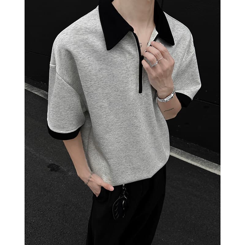 Estilo americano meio zíper Raglan ombro camiseta masculina verão Street Wear pesado contraste cor lapela camisa polo ma