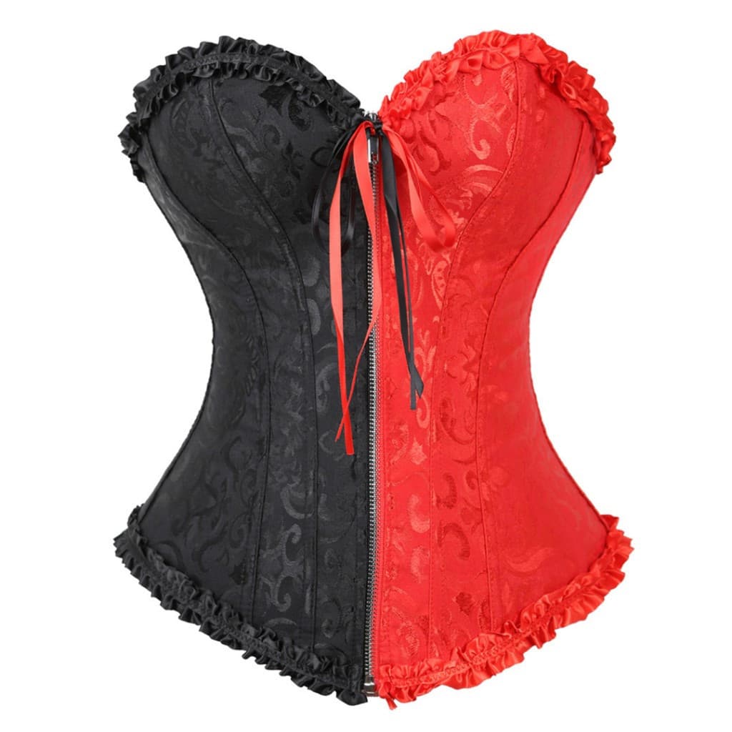 Corselete Gótico Feminino com Zíper Frontal, Top Bustier Vintage com Amarração, Preto e Vermelho SK5E
