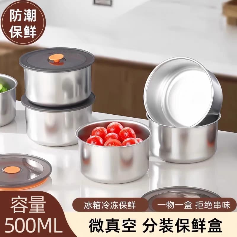 Tigela de aço inoxidável para manter frescos, com tampa, geladeira doméstica, caixa de armazenamento, cozinha, redonda,