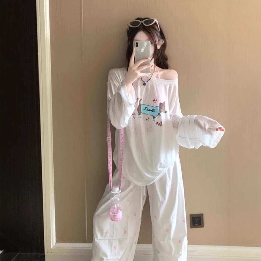 [Estoque pronto de fábrica própria] Protetor solar de desenho animado camiseta feminina de manga comprida início do outo