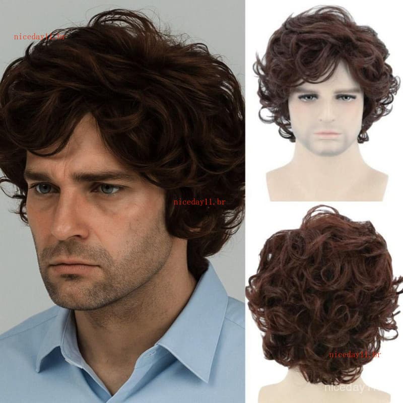 Peruca Curta Cacheada em Camadas, Peruca Sintética Masculina Marrom Natural, Acessório de Cabelo Fofo para Cosplay F6IP