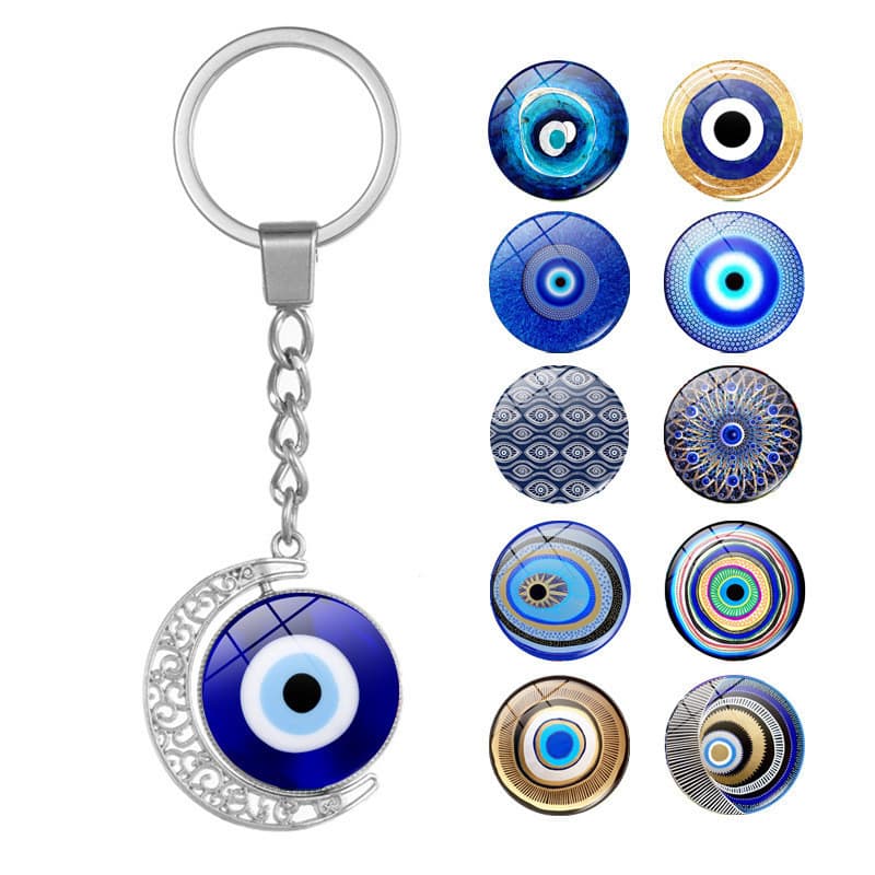 Azul turco mau olhado chaveiro pingente dupla face rotativa lua pingente Metal chaveiro pingente