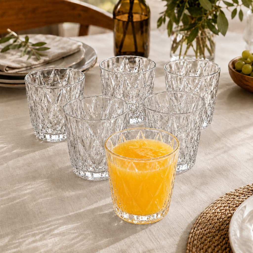 Conjunto 6 Copos de Vidro Diamond 290ml Jogo Taças Mesa Posta Água Suco Copo Diamante Cozinha