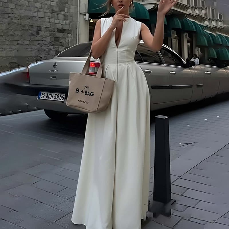 Novo macacão feminino moda Commuter cor sólida solto calças de perna larga