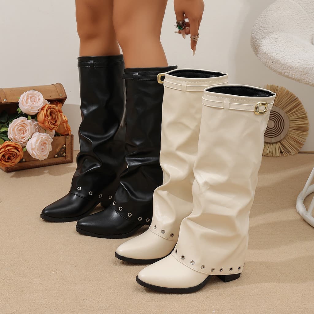 Botas longas 2026 outono novo estilo botas de couro salto alto salto grosso botas altas tamanho grande 36-43 tamanho
