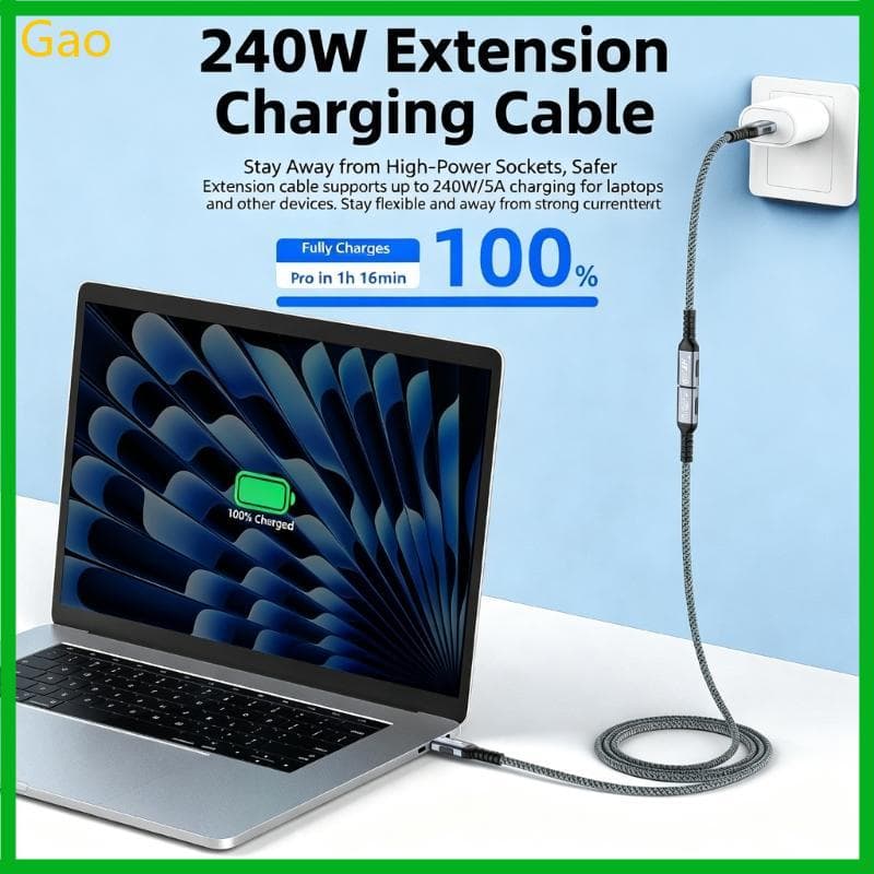 Cabo De Extensão De Dados Gao 20 Gbps Type C Com Fornecimento De Energia De 240 W 5K 60 Hz Vídeo Nylon Cobertura Externa