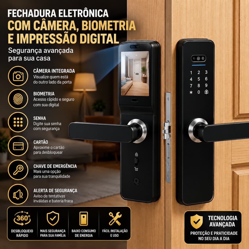 Fechadura Eletrônica com Câmera, Biometria e Impressão Digital Anti-furto para Casa OrbittaShop