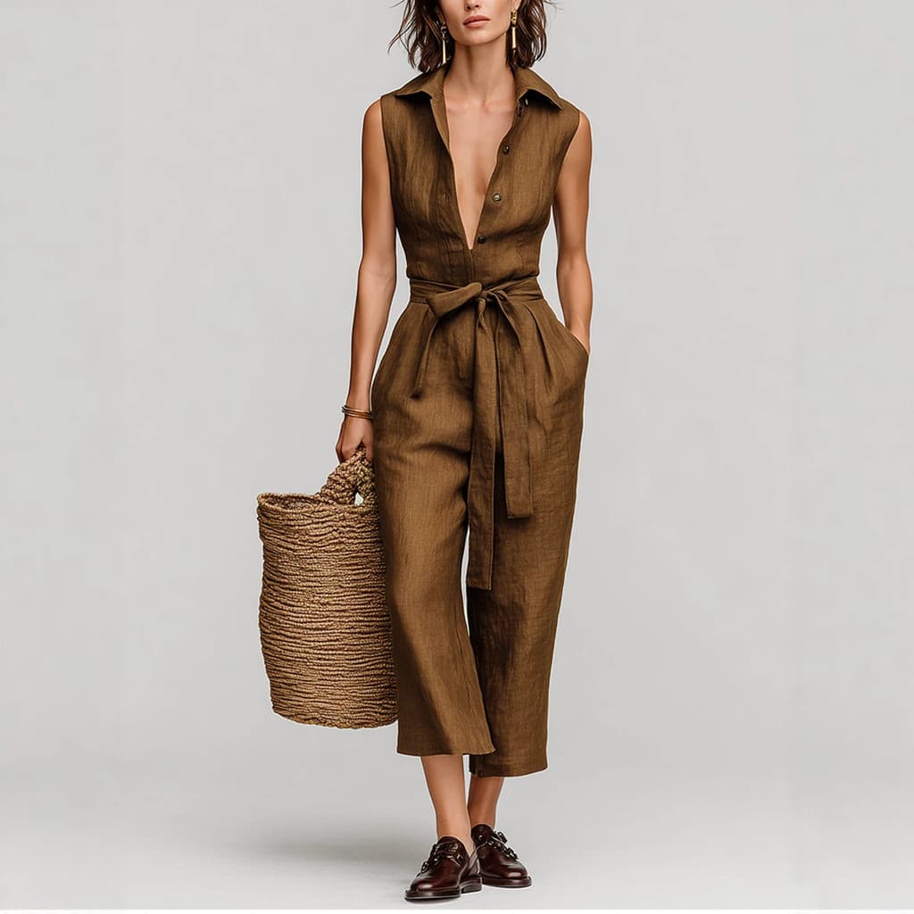 Macacão Feminino Elegante de Tecido Misto Estilo Europeu, Sem Mangas, Decote em V, Com Cinto na Cintura, Macacão de Uma