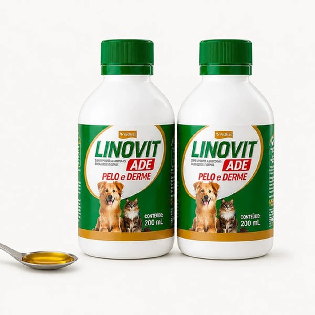 🐶 Kit 2 Linovit ADE 200ml VetBras Suplemento Vitamínico Ômega 3 6 9 Cães Gatos Pele Pelo Antiqueda 🐾