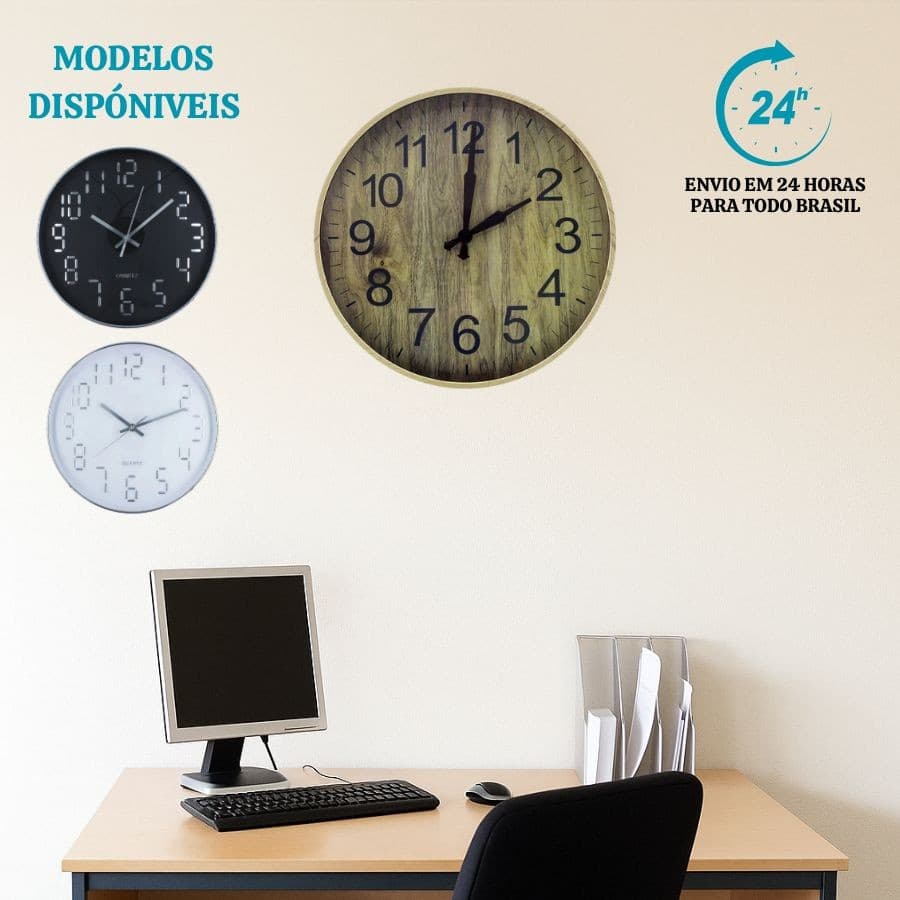 Relógio De Parede 30cm Silencioso Moderno Sala Escritório Estilo Madeira/ Quartz Preto/ Branco