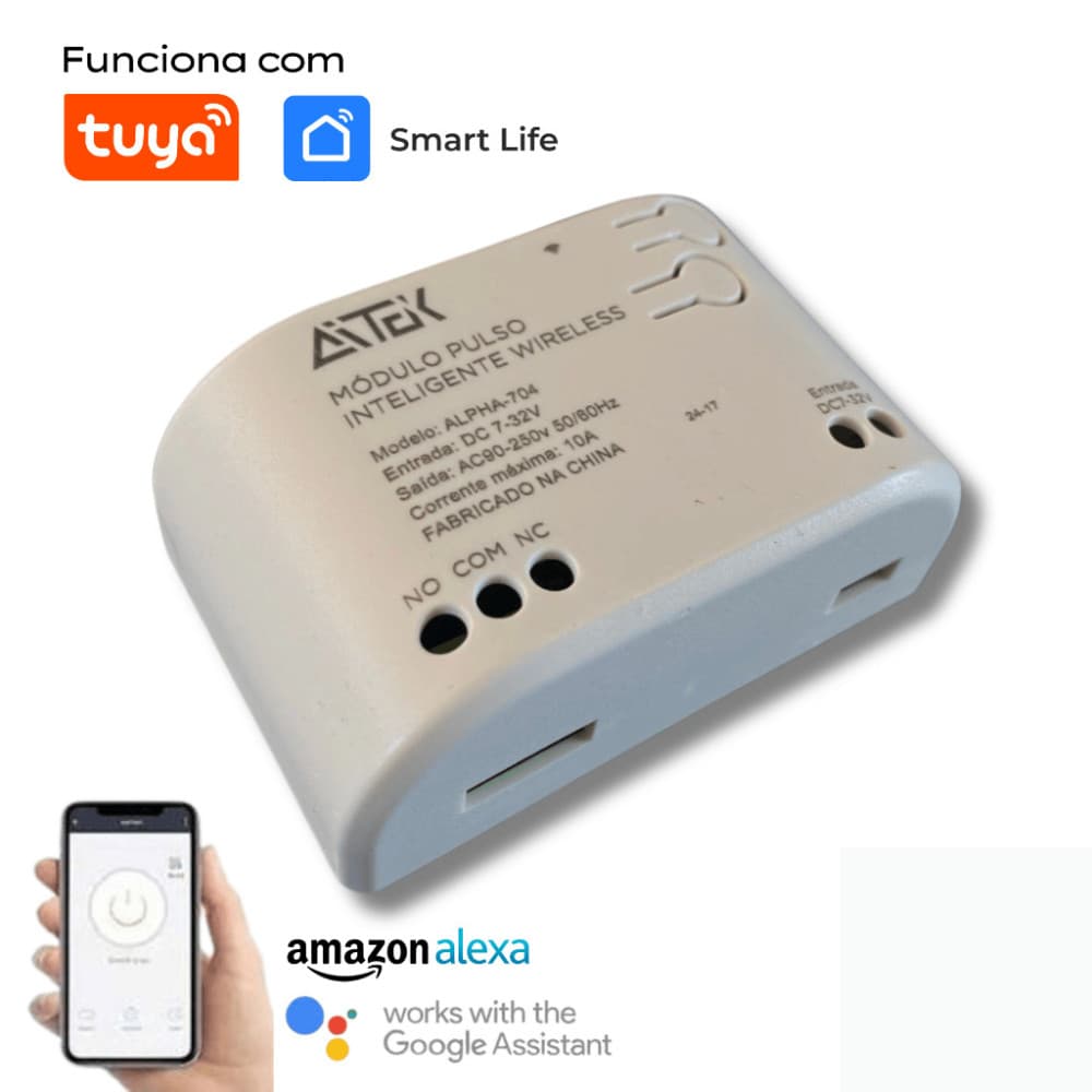 Módulo Wi-Fi Inteligente Pulso Aitek ALPHA-704 Motor Portão Fechadura - App Tuya Smart e Alexa