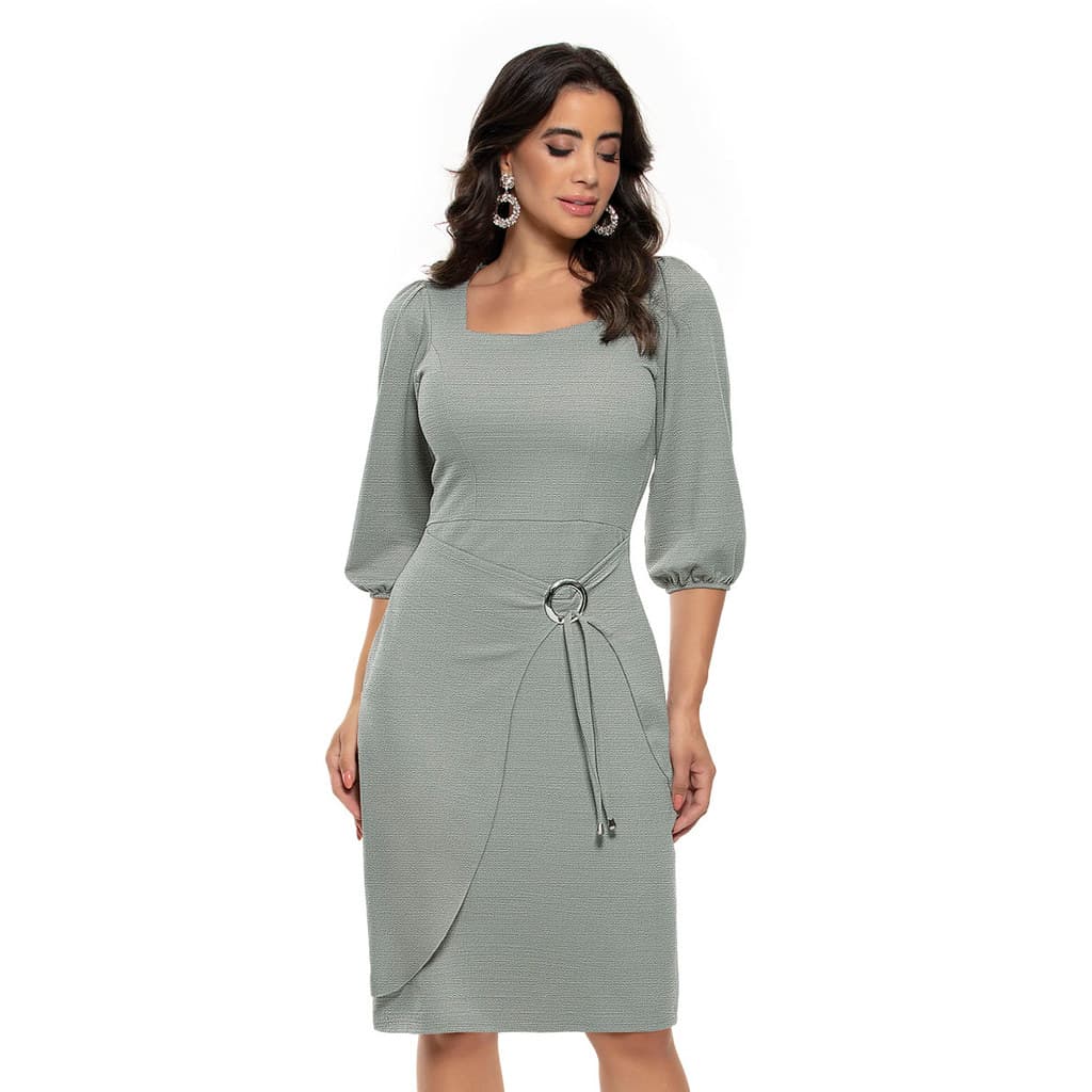 Vestido Clássico com Manga Balão e Argola – Moda Feminina