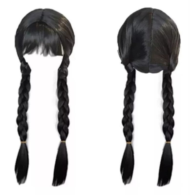 Peruca Vandinha infantil Preta Trança Wandinha Família Addams Fantasia halloween - Envio imediato