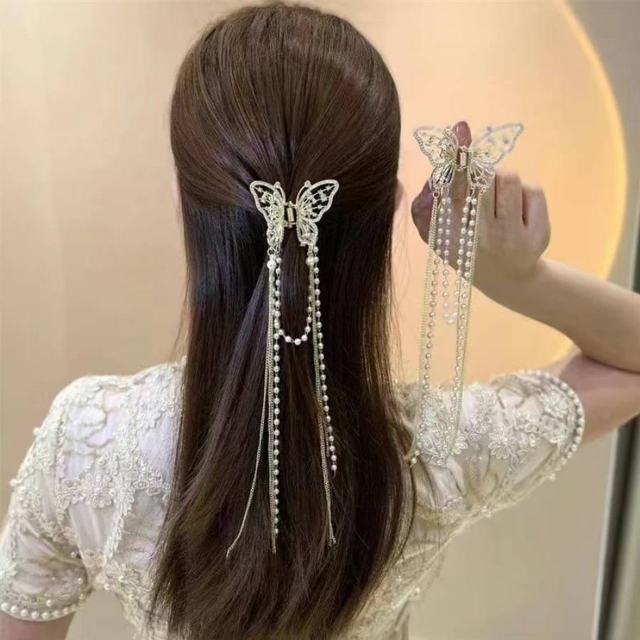 TB Brinquedos Presilha De Cabelo Feminina Dourada Com Borla De Borboleta Em Liga