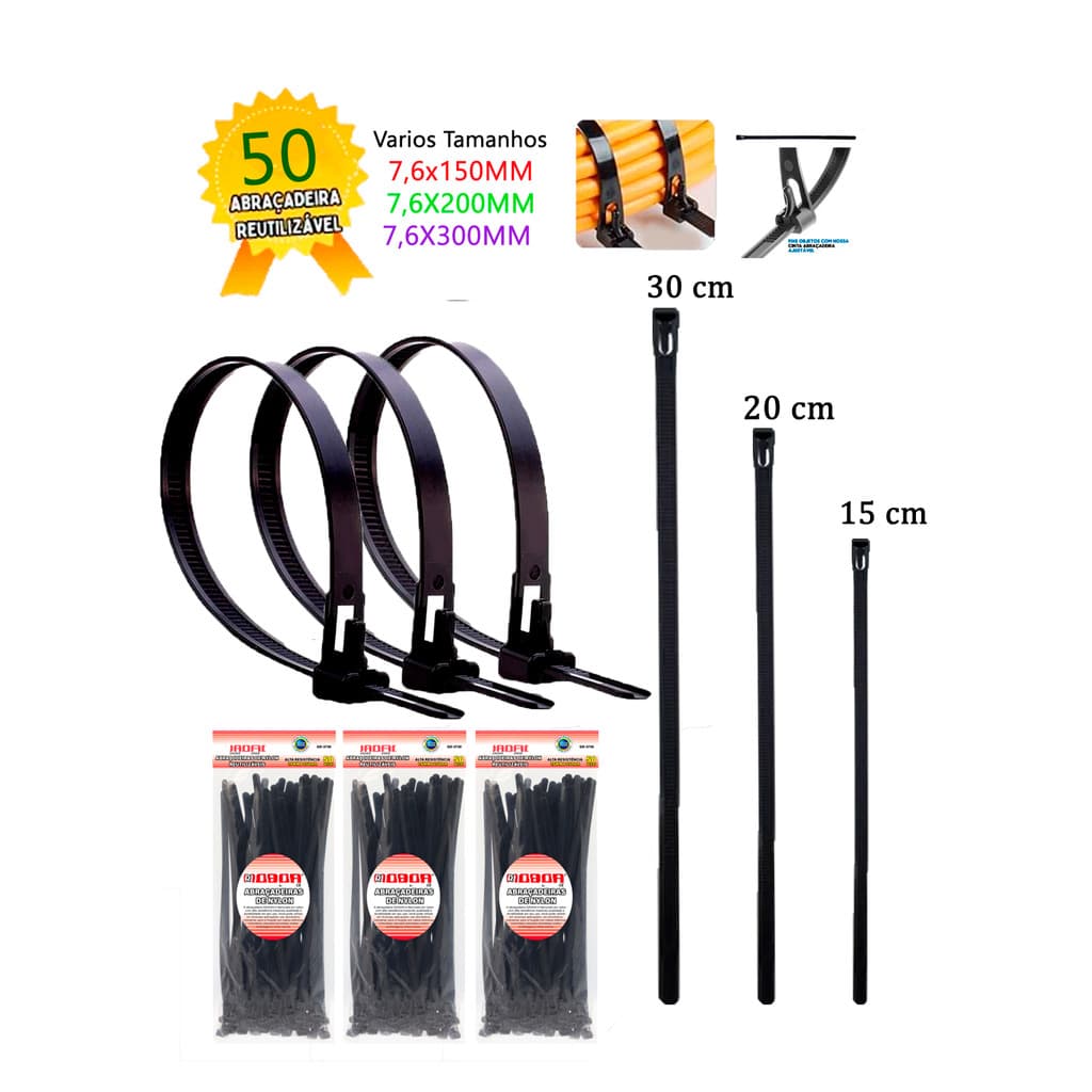 Kit 50 Abraçadeira Nylon Reutilizável Enforca Gato Reforçada 7,6 X 15 20 e 30 cm