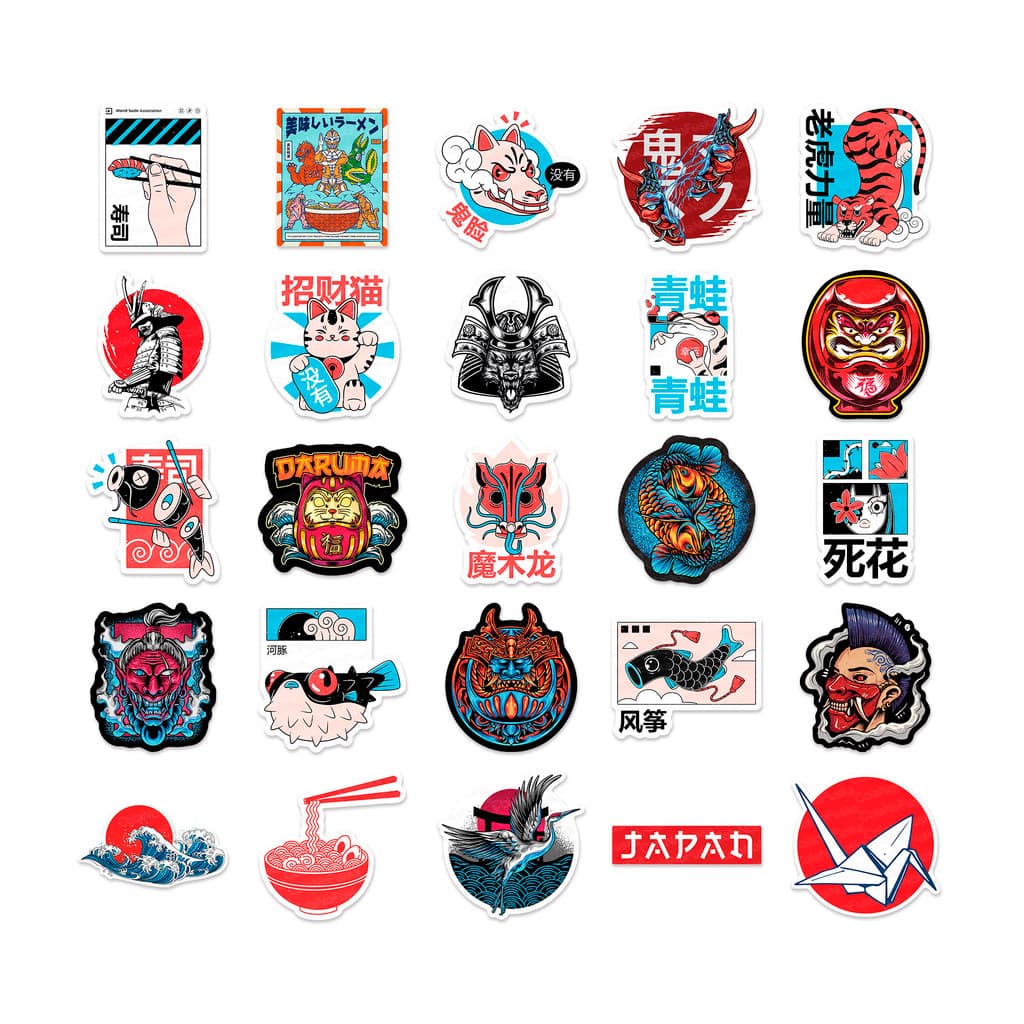 Adesivos Orientais | Pack com 25 Unidades Sortidas | Estilo Oriental |  À Prova d’Água