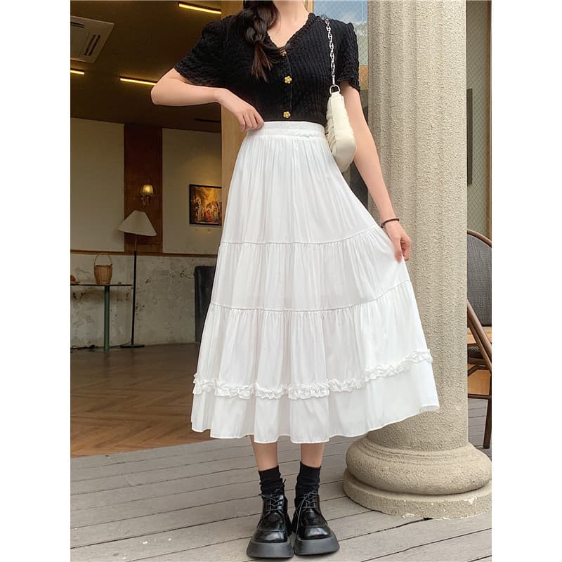 Saia estilo verão costura branco babados feminino na moda confortável usar literário cor sólida fungo borda Mid-Leng