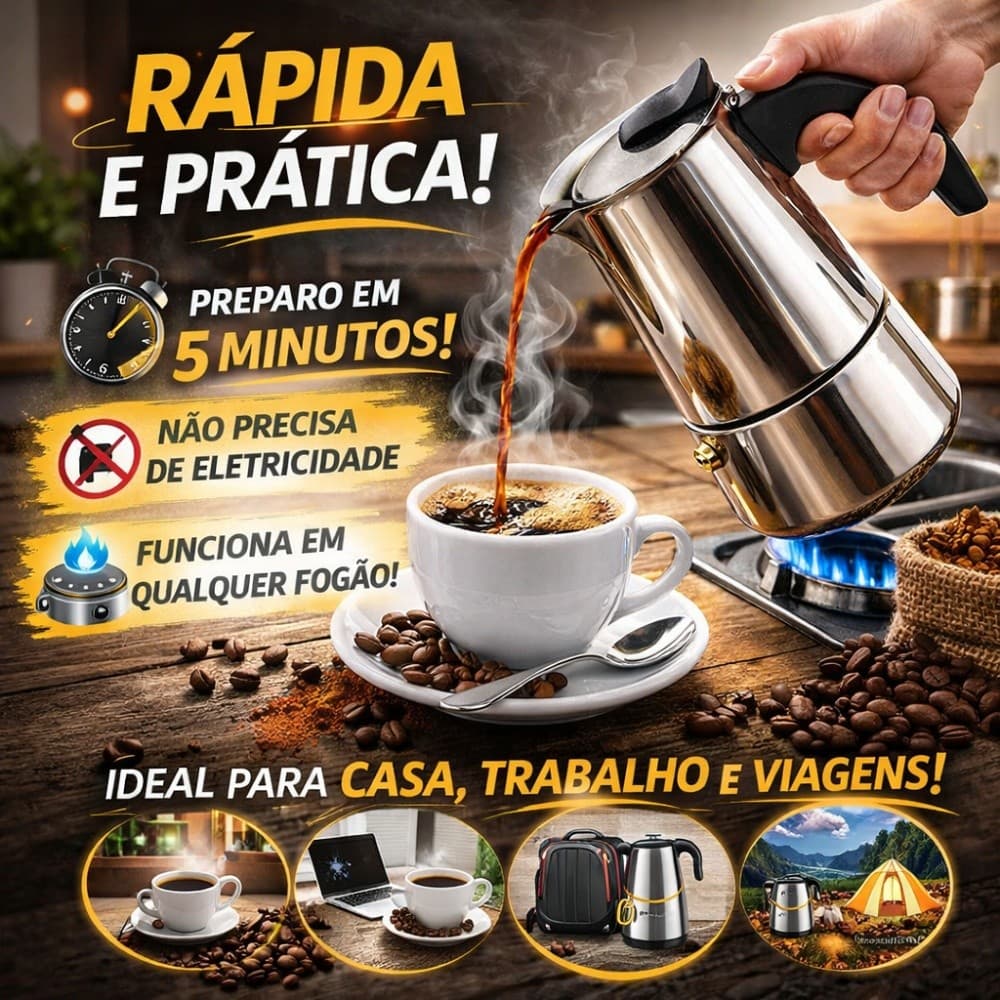 Cafeteira Moka Italiana Clássica em Aço Inox 4/6/9 Xícaras Testada Contra Vazamentos