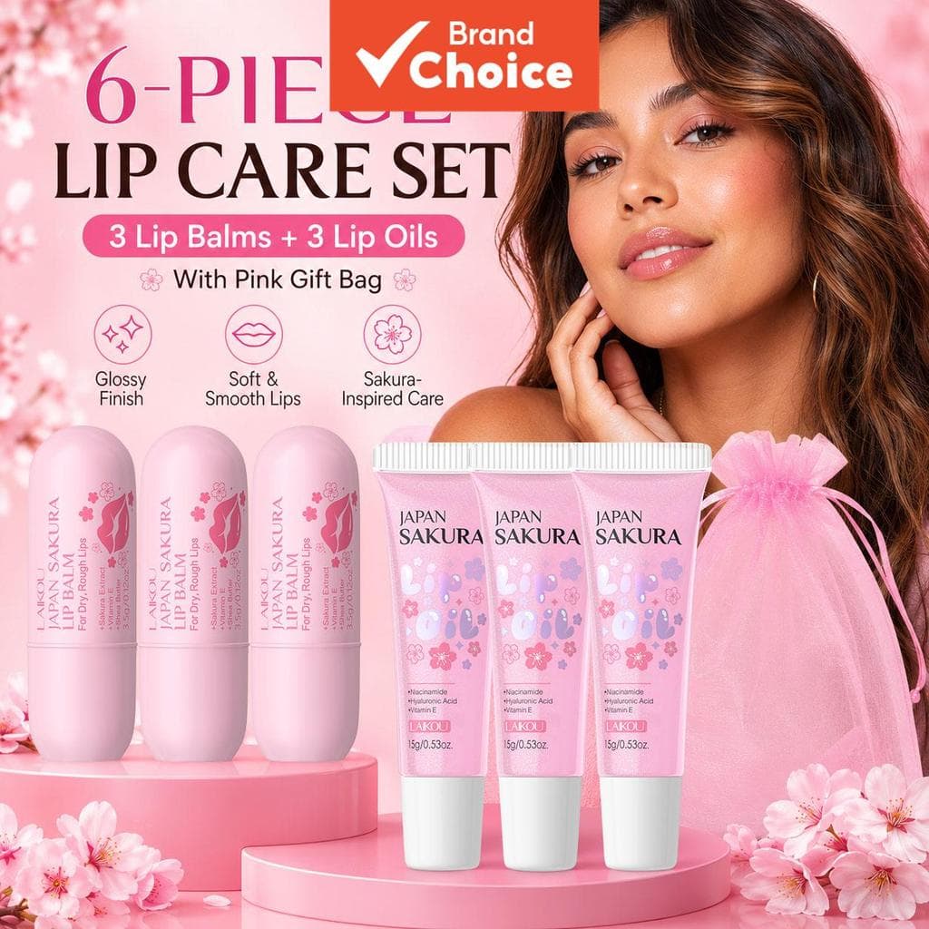 LAIKOU Sakura Bálsamo Labial & Óleo Labial 6 Peças com Bolsa Rosa Organza – Máscara Labial Noturna Hidratante Profunda,