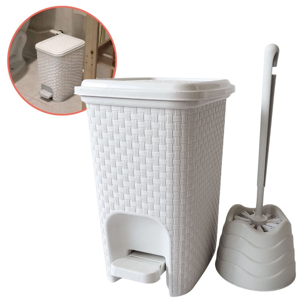 Kit Banheiro Lixeira Pedal 7L + Escova Sanitária Limpeza Plástico Resistente Limpador Vaso Sanitário
