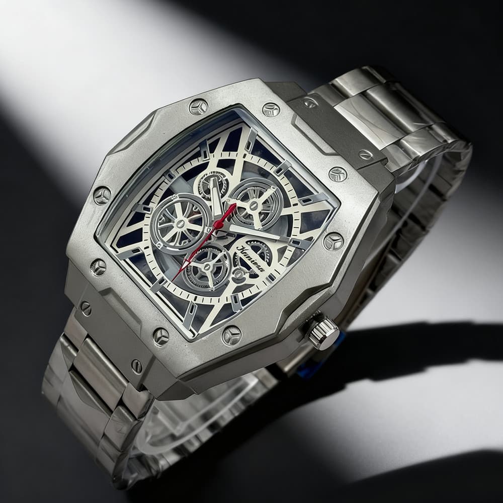 Relógio masculino dominador tipo barril, pulseira de aço oco, imitação de relógio mecânico de quartzo masculino