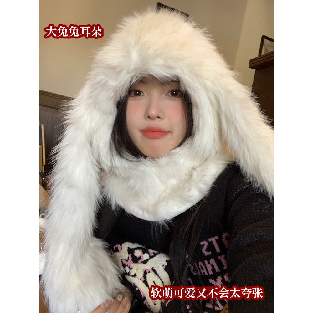 Dilireba Chapéu de Orelha de Pelúcia Branco Cachecol Uma Feminino Outono Inverno Bonito Quente Lei Feng Chapéu Boné de P