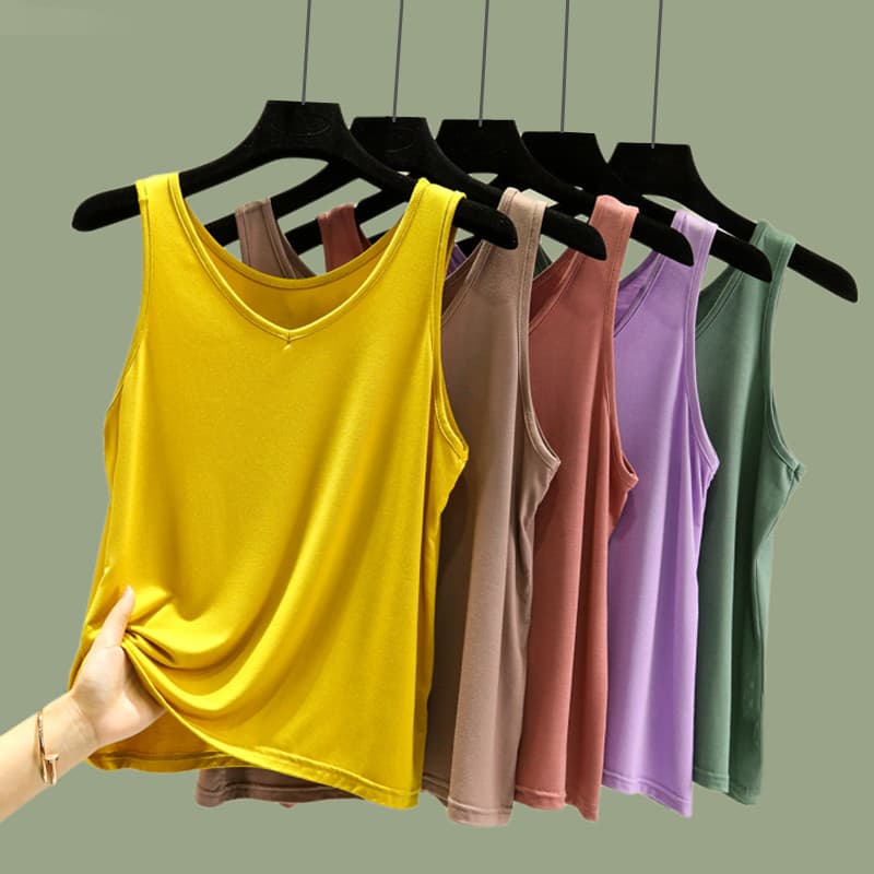 2025 Modal novo estilo com decote em V colete camisola feminina verão estilo fino All-Match sem mangas camisa de fundo s