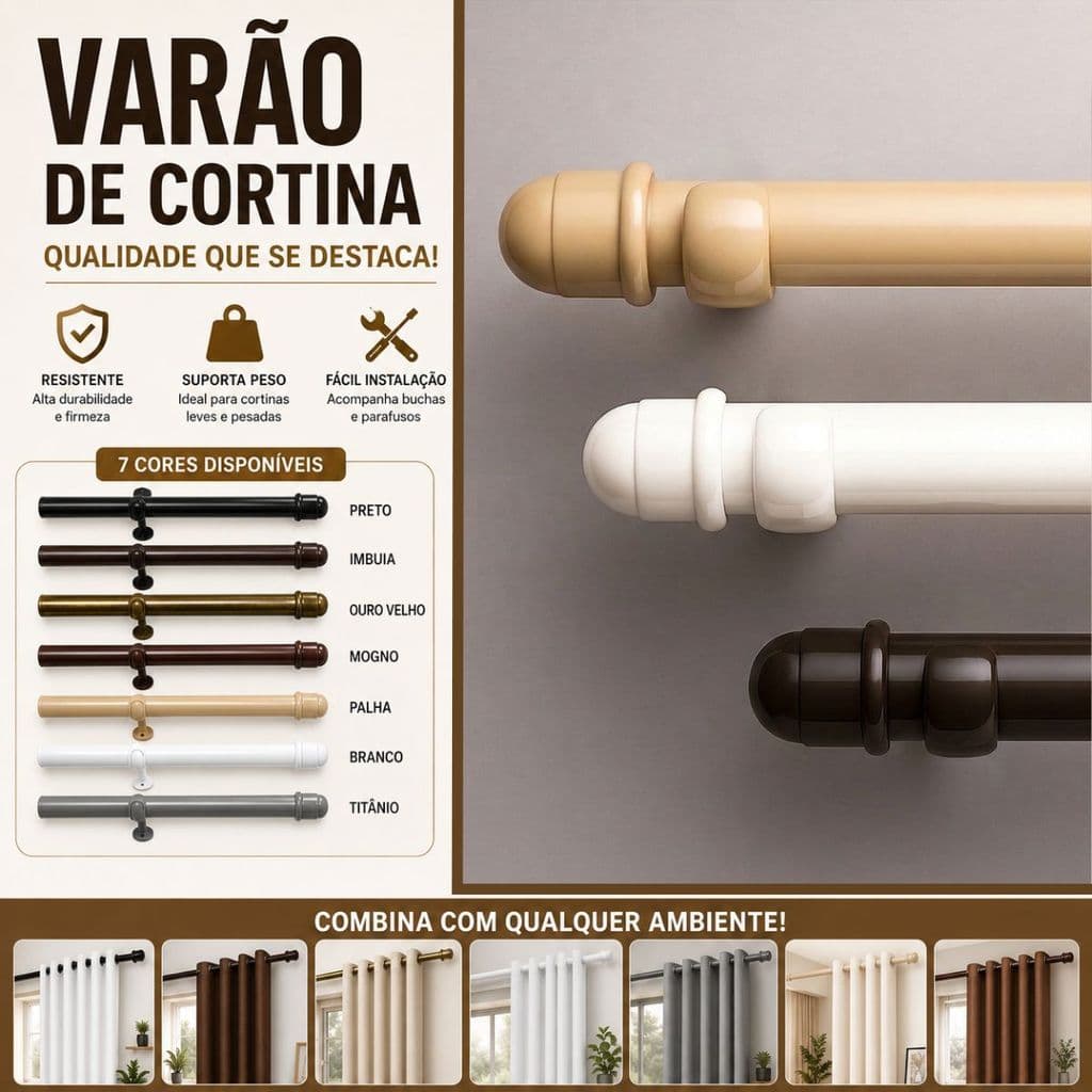 Varão De Cortina 19mm Resistente Várias Cores E Medidas