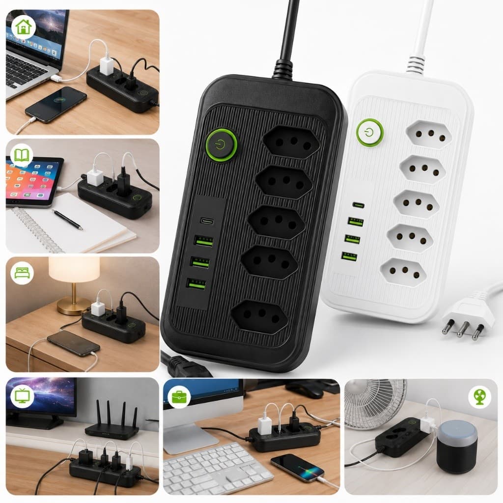 Filtro De Linha 5 Tomadas Extensão Elétrica 3 USB + USB-C Padrão Brasil Com Botão Liga Desliga 2500W Uso Casa Escritório