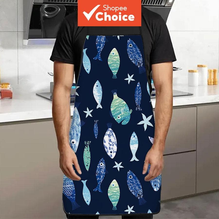1Pc Avental de cozinha com estampa de peixe do oceano azul profundo, à prova d'água e resistente a óleo, para assar,