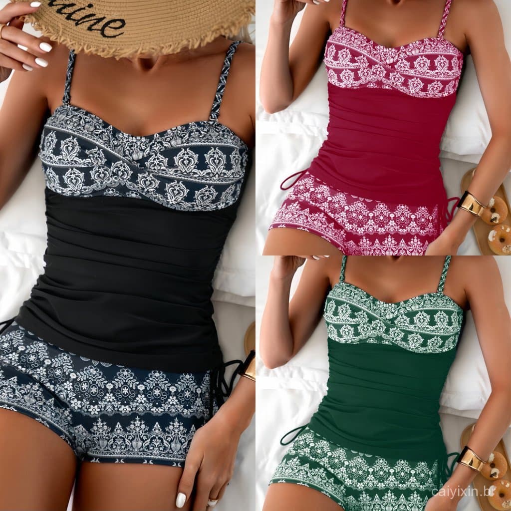 Maiô feminino europeu-americano, biquíni, estampado, comércio exterior transfronteiriço, tankini de cintura alta, Xingch