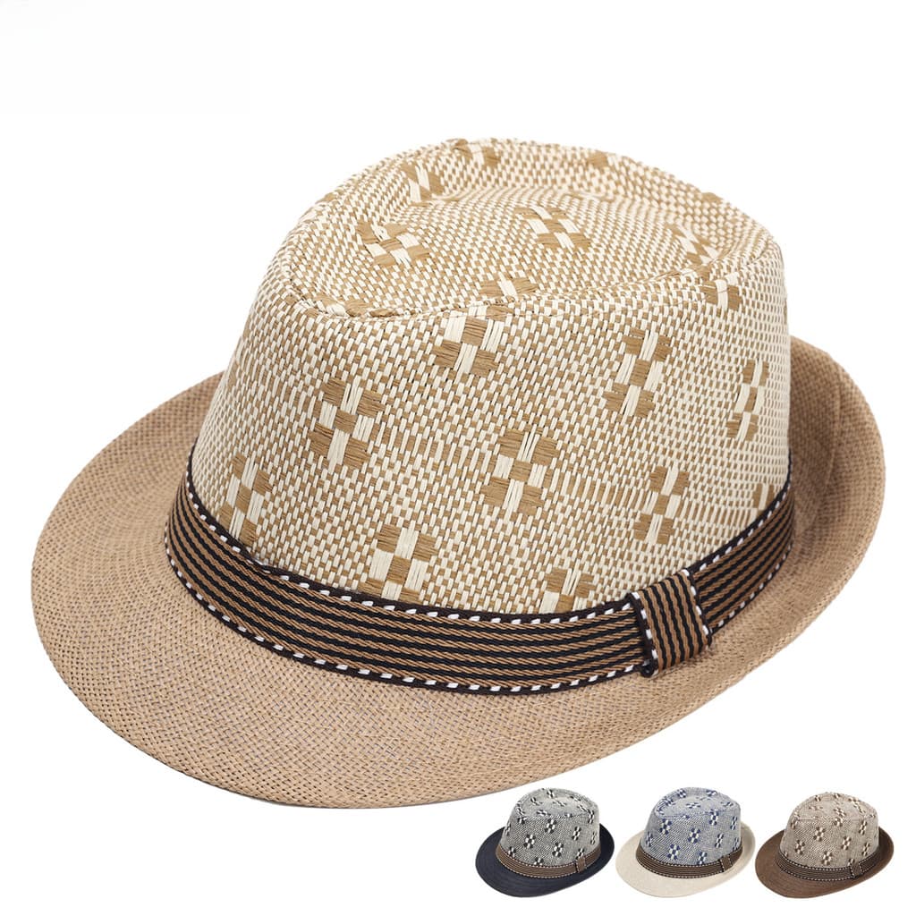 Versão coreana palha verificado chapéu superior masculino Jazz chapéu protetor solar Curling Retro panamá chapéu de palh