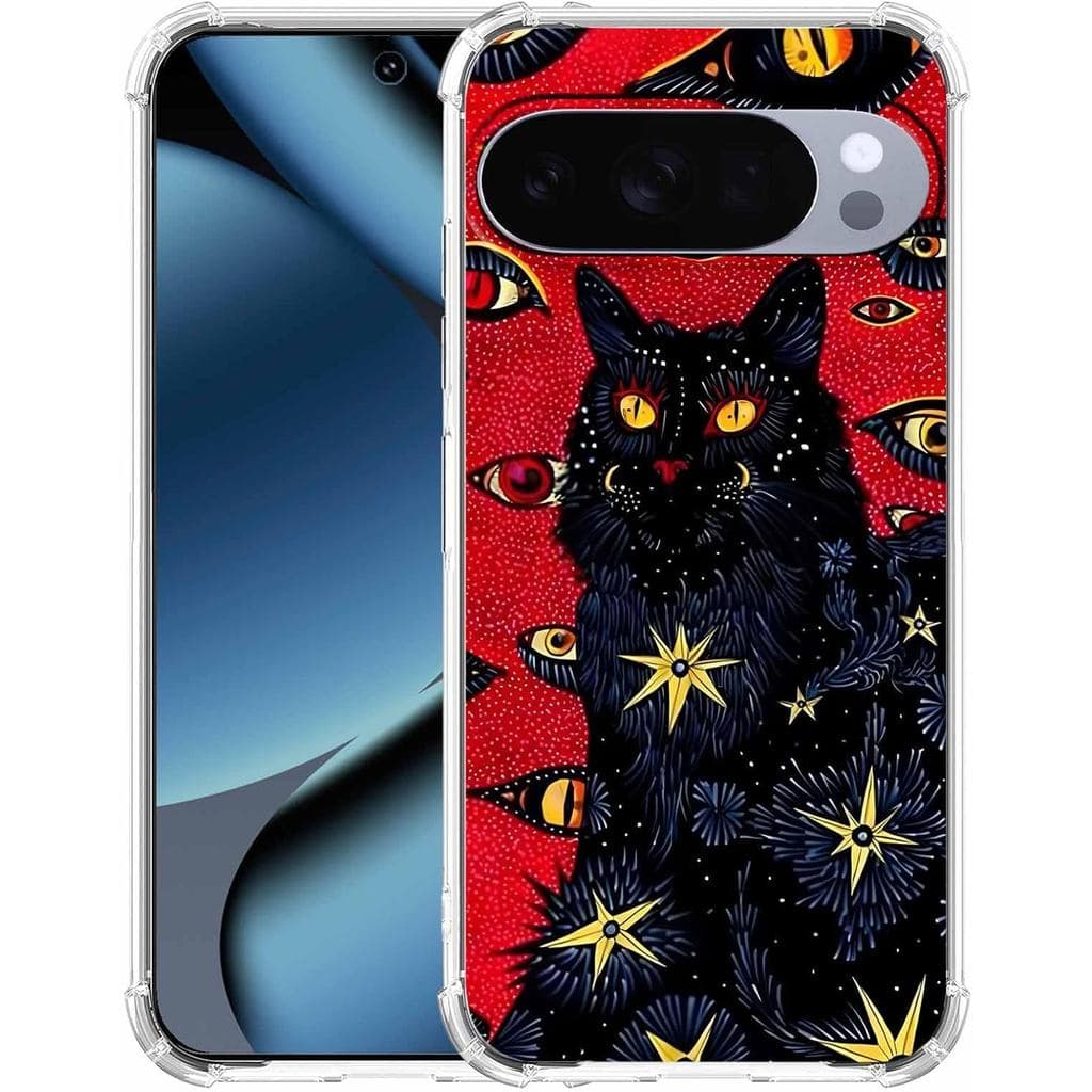 Capa para Google Pixel 10/10 Pro com Design Artístico Hippie, Padrão de Gato Preto Fofo e Estiloso, Capa Transparente Fi