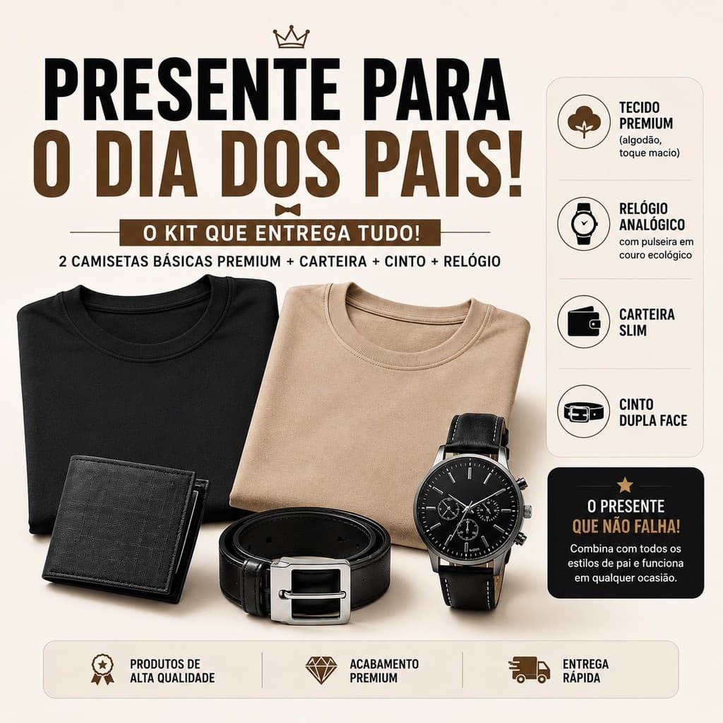 Kit Presente Masculino Dia dos Pais 2 Camisetas + Carteira + Relógio + Cinto Dupla face Homens Masculino Estiloso