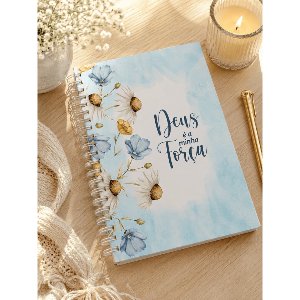 Caderno  PAUTADO Decorado Floral Azul A5 – Deus é a Minha Força / FOLHAS INTERNAS DECORADAS/ ENVIO IMEDIATO
