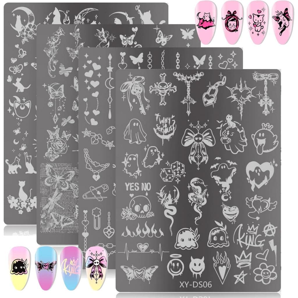 Conjunto de 4 Placas de Estampagem de Unhas Góticas e Fofas – Moldes de Arte de Unhas Kawaii Sombrios, Placas de Estampa
