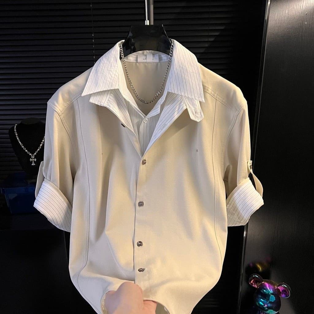 Costura Street Wear moda masculina camisa de manga curta 2026 camisa de alta qualidade masculina topo Casual na moda luz