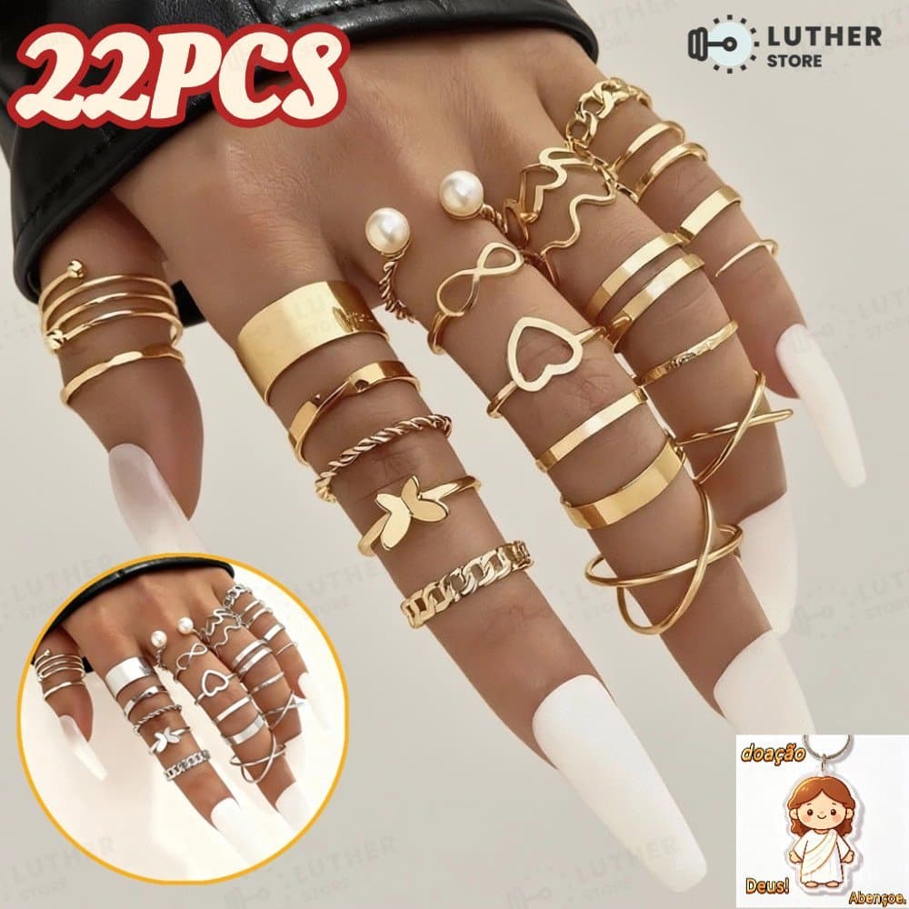 22 pçs Conjunto De Anel De Dourado Vintage Mulheres Conjunto De Anel De Dedo Joias Acessórios-KIT22