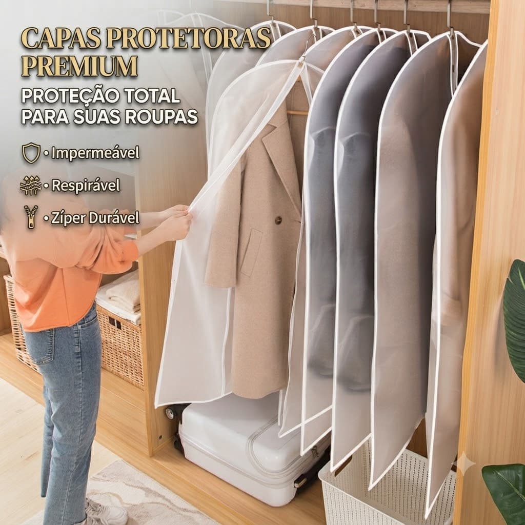 Kit Capas Protetora Para Roupas Ternos Casacos C/ Zíper Vedação Completa Bloqueia Poeira, Umidade e Traças no Closet