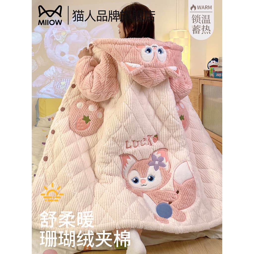 Gatos pijamas acolchoados de três camadas senhoras camisola Coral velo outono inverno dias 2026 novo estilo forro de lã