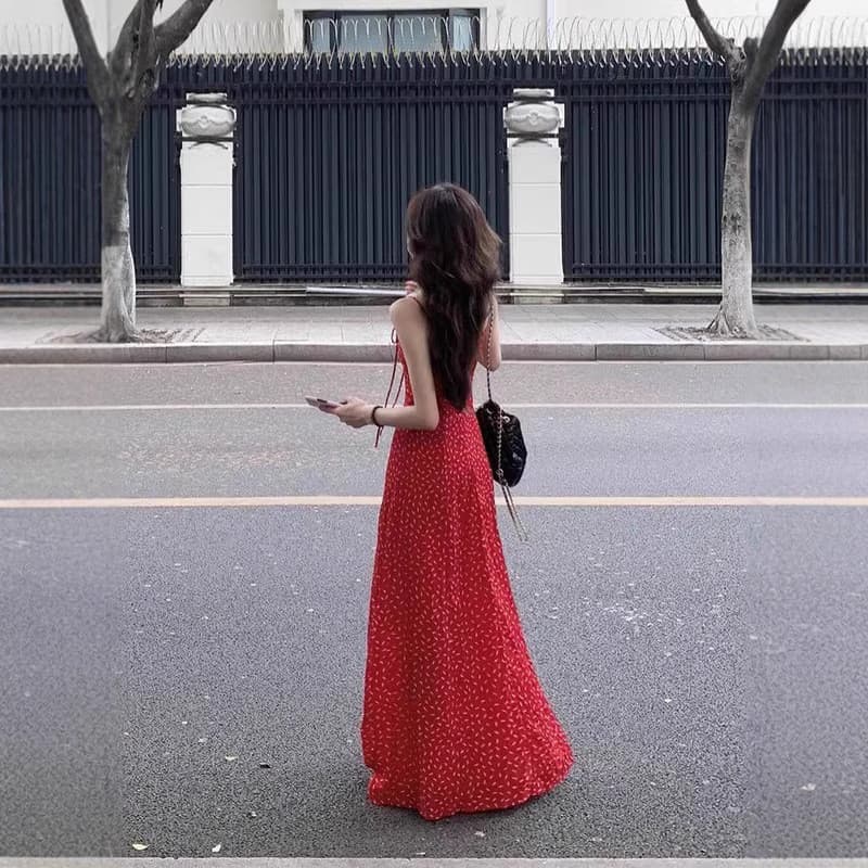Doce picante chique vermelho atado vestido feminino verão High-End novo estilo Suspender saia Yujie linda saia chique na