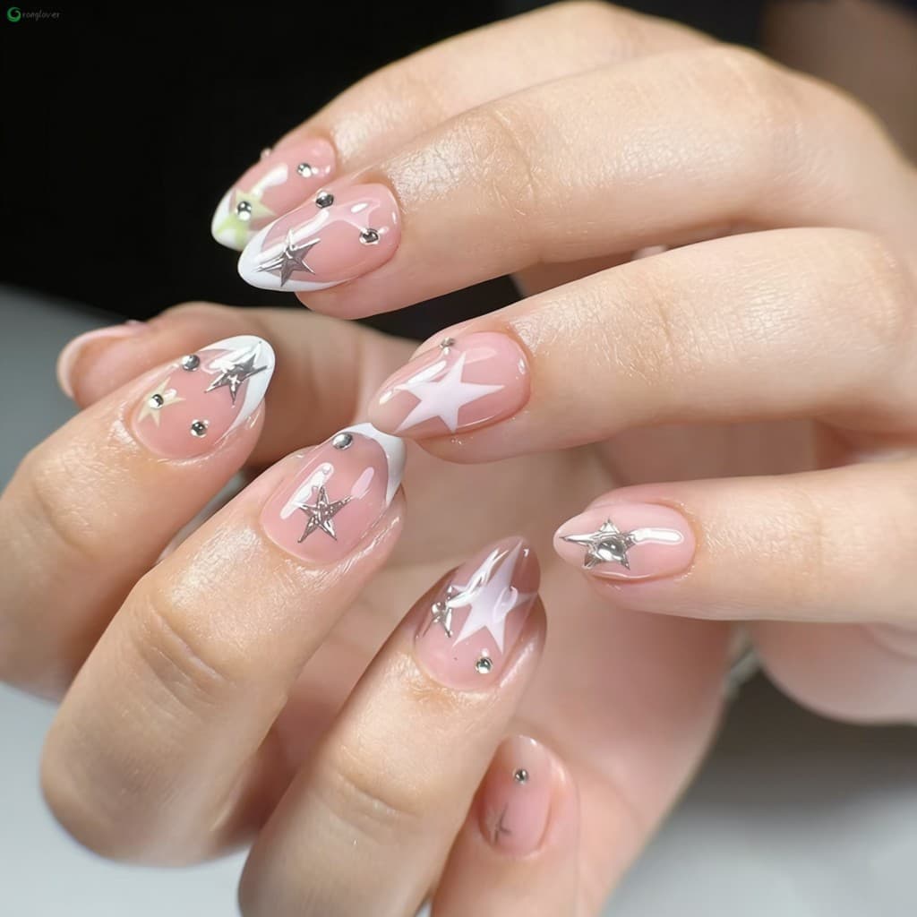 Unhas Postiças De Strass Estilo Francês-24 Unidades Elegantes E Brilhantes Para Festa De Casamento